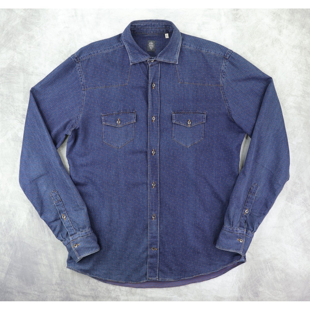 Eleventy Italy Denim Western Shirt Mens 42 16.5 Large Blue Orange Dot Cotton
